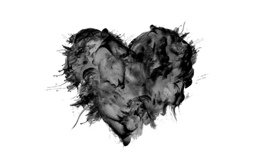  Black watercolor ink broken heart. Smoke flow blot on white background. © Liliia