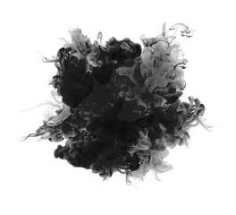  Black watercolor ink smoke flow blot on white background. © Liliia