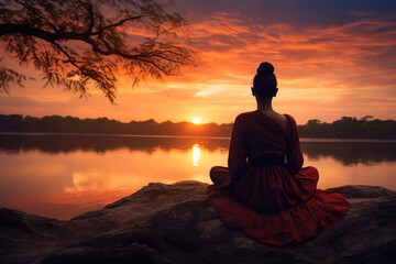 woman doing yoga at a lake by sunset