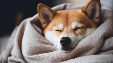 Cute dog is sleeping in the bed on warm blanket. Cold autumn or winter weekend. Hygge concept.