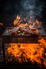 Beef steaks on the grill with flames