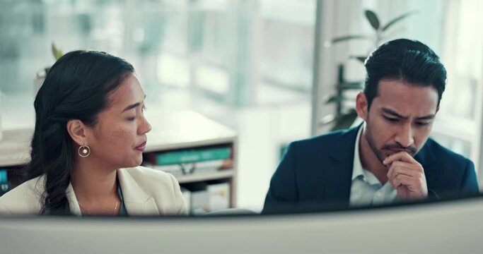 Business people, help and manager with agent, corporate training and explain system with website info, guidance or cooperation. Advisory, coaching or mentor with new employee, supervisor and teaching