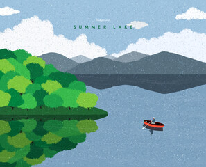 Summer landscape. Boat on calm river water. Mountains range. Lake scenic view. River silhouette template. Spring season banner background. Simple graphic. Trendy flat design. Vector illustration.