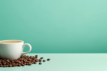 White Coffee Cup with Saucer Surrounded by Brown Coffee Beans on Teal Background Generative AI