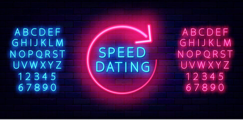 Speed dating neon label. Circle arrow frame. Shiny romantic badge. Agency acquaintance event. Vector illustration