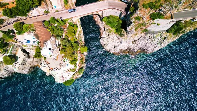 Aerial view of famous bridge of fjord of Furore, Amalfi coast in Italy
