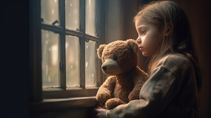 Sad looking orphan girl by the window holding a teddy bear - obrazy, fototapety, plakaty