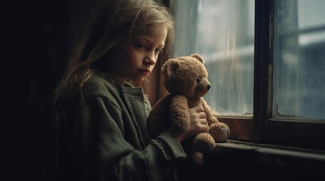 Sad looking orphan girl by the window holding a teddy bear