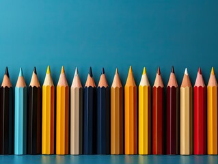 A row of vibrant colored pencils lined up against a blue background. Back to school concept.