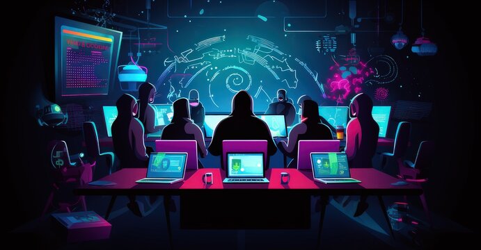 hacker group collaborating on a major cyber breach,vibrant vector illustration