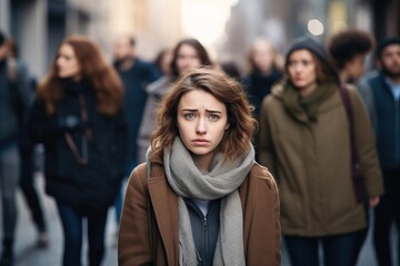 Panic attack in public place. Woman having panic disorder in city. Psychology, solitude, fear or...