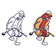 Angry cartoon bratwurst in a bun, breaking a golf club over his knee.