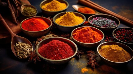 Traditional spices in vibrant colors. Delicious food photo. Intricate details.