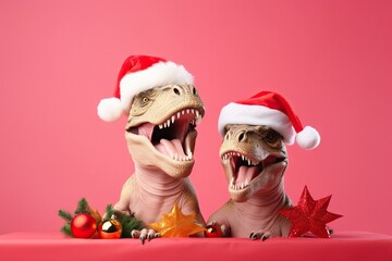 Two dinosaurs Rex in red Santa Claus hat holds golden gift box in its paws on pink background New...