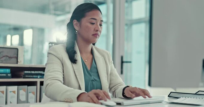 Business woman, typing and planning on computer for online Human Resources, job schedule and office research. Professional employee, asian person or HR worker on computer for company payroll update
