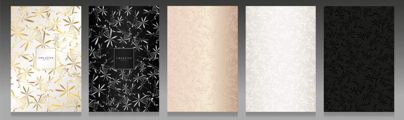 Elegant floral cover set. Minimal flowers composition, metallic and glossy effect. Golden, silver, black, pink and platinum background. Botanical pattern for luxury modern invitation, card, packaging.