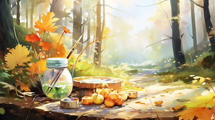  Painting with colors on the theme of the autumn forest on a sunny day,Generated by AI