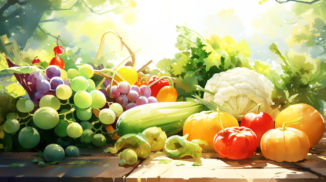 Still life of fruits and vegetables painted with paints,Generated by AI, Generated, AI