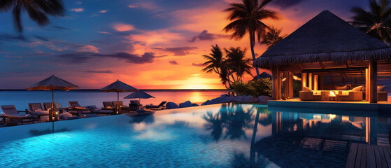 Tropical resort pool and huts at sunset. 21 to 9 aspect ratio - obrazy, fototapety, plakaty