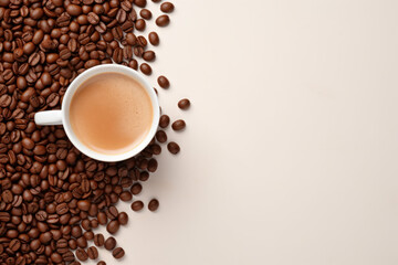 Top-Down View of White Coffee Cup on Saucer Plate with Brown Coffee Beans on Off-White Surface Background and Empty Space for Text Generative AI