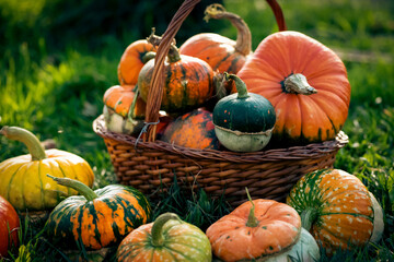 autumn decorative pumpkins. Thanksgiving or Halloween holiday  harvest concept.
