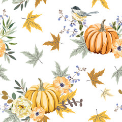 Autumn yellow pumpkins, orange flowers, maple leaves, titmouse bird, white background. Vector seamless pattern. Fall season illustration. Garden nature design