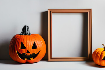 Wooden frame mockup on shelf over white wall with halloween pumpkin, blank vertical frame. Close up