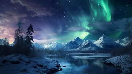 northern lights, landscape with mountains and clouds