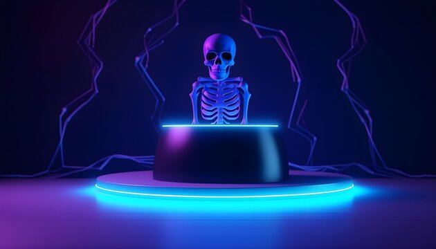 Skelett auf einem Podium und Neonlicht (KI-/AI-generiert)