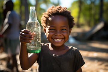 Happy little thirsty child with bottle of pure fresh drinking water in his hand. Draught in Africa, lack of clean water, world's global warming problem concept. Generative AI Technology