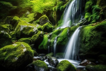 Naklejka na ściany i meble Waterfall landscape with rocks covered in green moss