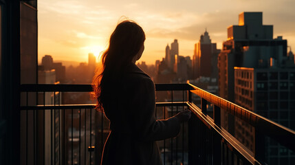 successful woman standing on luxury balcony overlooking New York - obrazy, fototapety, plakaty