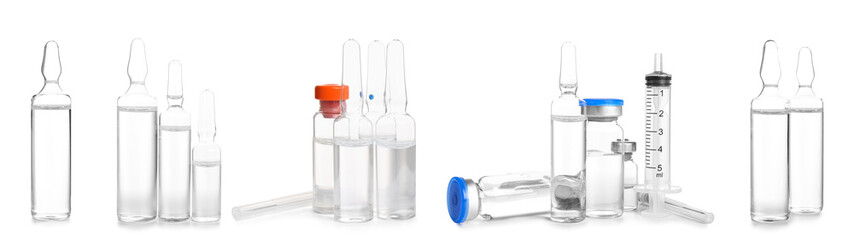 Set of medical ampules on white background