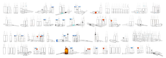 Set of many medical ampules on white background