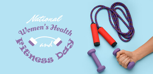 Banner for National Women's Health and Fitness Day with sports equipment