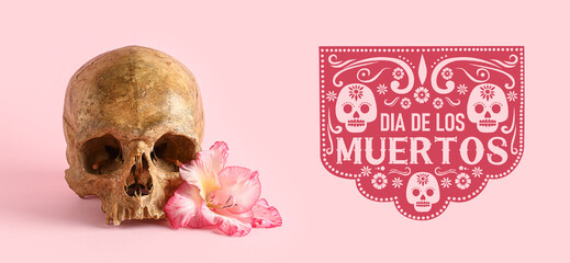 Banner for Mexico's Day of the Dead (El Dia de Muertos) with human skull and flower