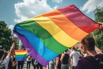 People wave LGBTQ gay pride flags at a solidarity