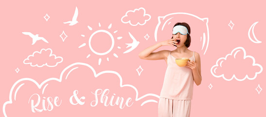 Yawning woman in pajamas and with cup of coffee on pink background