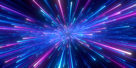 Abstract background in blue and purple neon glow colors. Speed of light in galaxy. Explosion in universe. Space background for event, party, carnival, celebration, anniversary or other. 3D rendering. - obrazy, fototapety, plakaty