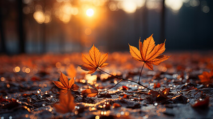 Closeup of autumn foliage on wet road background blur