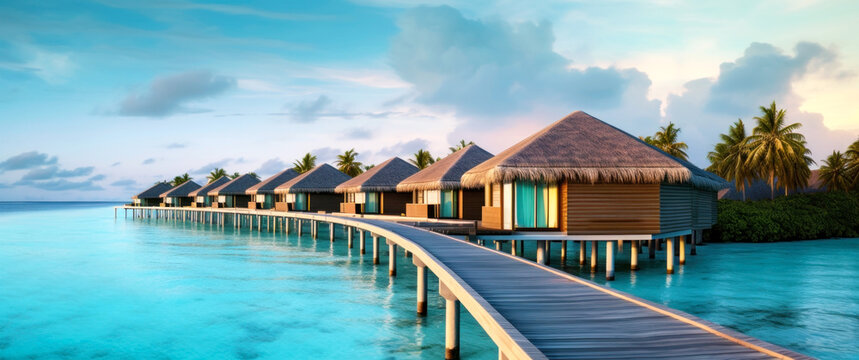 Wooden walkway above the turquoise ocean water leading to overwater bungalows at tropical resort. Generative AI