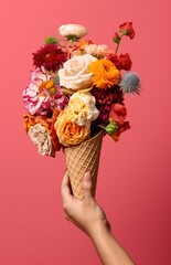 Female hand holding ice cream in waffle cone with flowers on pink background