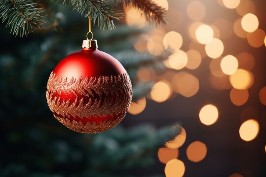 A Christmas ball hangs on a Christmas tree. Merry christmas and happy new year concept.
