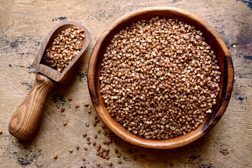 Raw organic buckwheat. Top view with copy space.