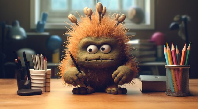 Funny green monster in the office.
