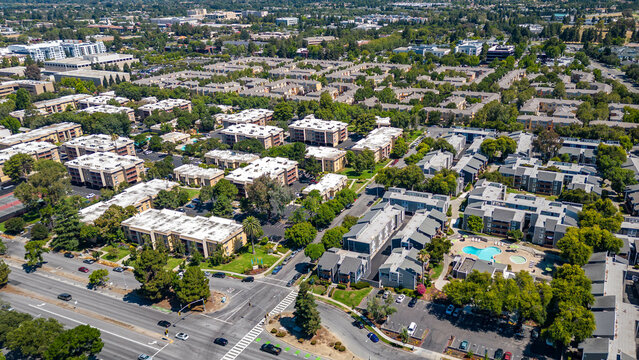 Aerial images over residential and commercial real estate in Fremont, California. Great for real estate marketing and advertising