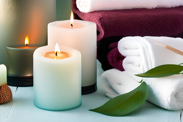 Fototapeta na wymiar composition of spa candles and towels on white table