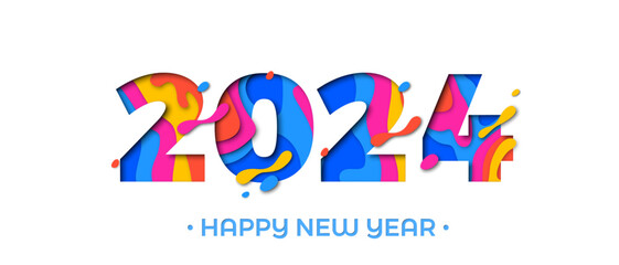 2024 Happy New Year paper cut greeting card. Vector New Year Eve colorful paper cut 2023 number - obrazy, fototapety, plakaty
