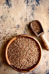 Raw organic buckwheat. Top view with copy space.