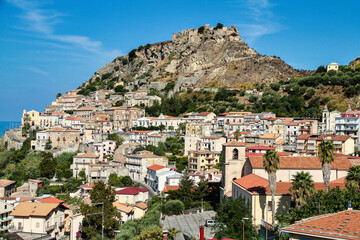 Old medieval Amantea town, fortifications and Rocca Castle ruins on rocky hill top, province of...